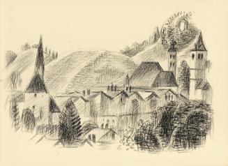Alfred Wickenburg, Dorfansicht, 1942, Schwarze Kreide auf Papier, Blattmaße: 15 × 21 cm, Leihga ...