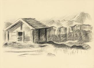 Alfred Wickenburg, Hütte in Berglandschaft, 1942, Schwarze Kreide auf Papier, Blattmaße: 15 × 2 ...