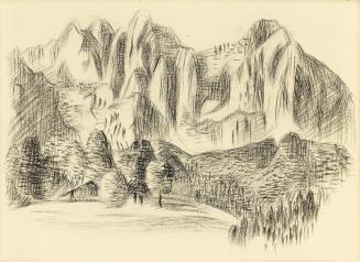 Alfred Wickenburg, Hütte und Wald vor einem Bergmassiv, 1942, Schwarze Kreide auf Papier, Blatt ...