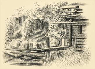 Alfred Wickenburg, Hütte in einem Wald, 1942, Kohle auf Papier, Blattmaße: 15 × 21 cm, Leihgabe ...