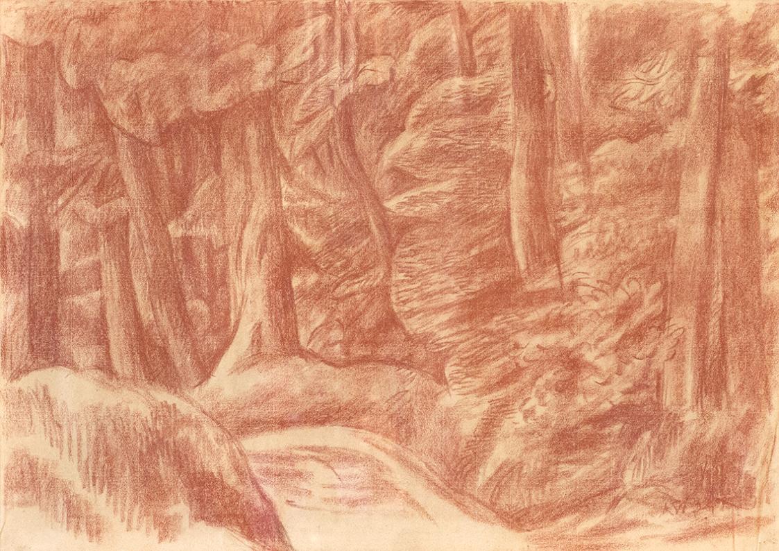 Alfred Wickenburg, Weg durch dichten Wald, 1934, Rötel auf Papier, Blattmaße: 47,5 × 63,4 cm, P ...