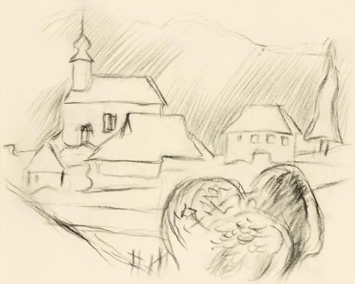 Alfred Wickenburg, Blick auf die Kirche und Häuser in Glashütten, 1950, Kohle auf Papier, Blatt ...