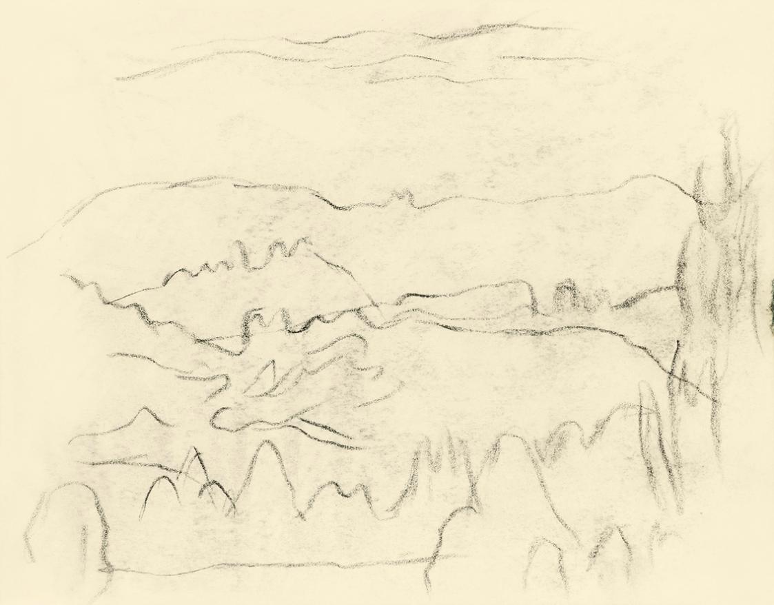 Alfred Wickenburg, Berglandschaft, 1949, Kohle auf Transparentpapier, Blattmaße: 15 × 19,2 cm,  ...