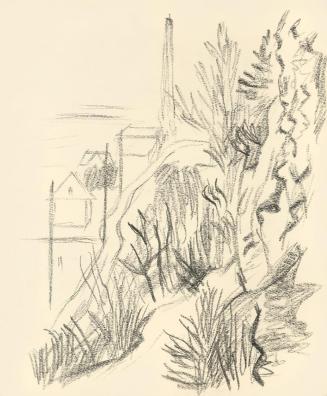 Alfred Wickenburg, Blick an einem bewachsenen Felsen vorbei auf eine Stadt, 1938, Graphit auf P ...