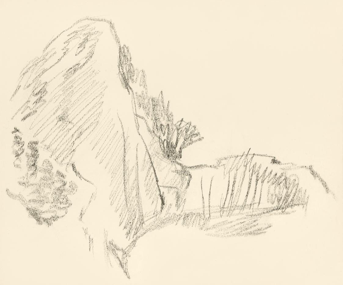 Alfred Wickenburg, Studie eines Felsen in einer Landschaft, 1938, Graphit auf Papier, Blattmaße ...