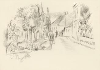 Alfred Wickenburg, Straße mit Bäumen, Häusern und Fußgängern, um 1943, Kohle auf Transparentpap ...