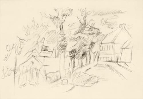 Alfred Wickenburg, Straße mit Häusern und Bäumen, um 1943, Kohle auf Transparentpapier, Blattma ...