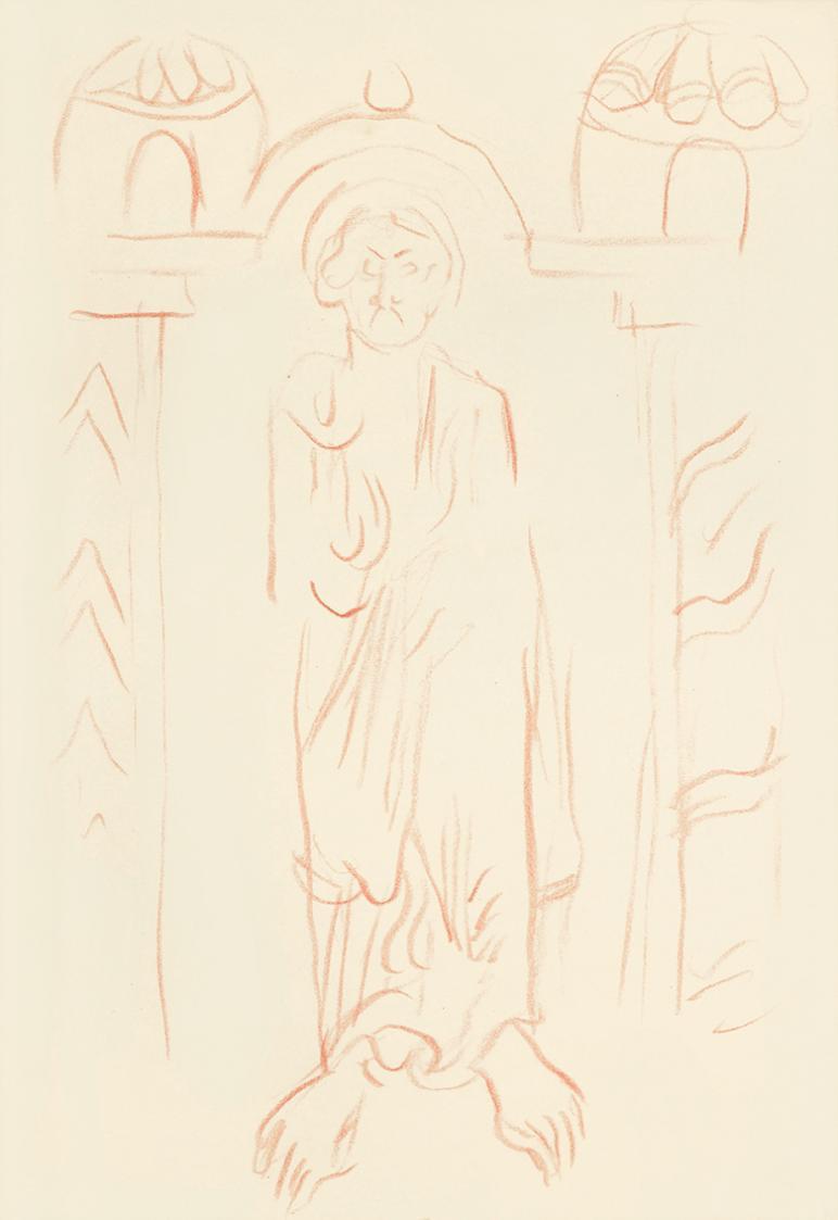 Alfred Wickenburg, Figur in einer Wandnische, um 1945, Rote Kreide auf Transparentpapier, Blatt ...