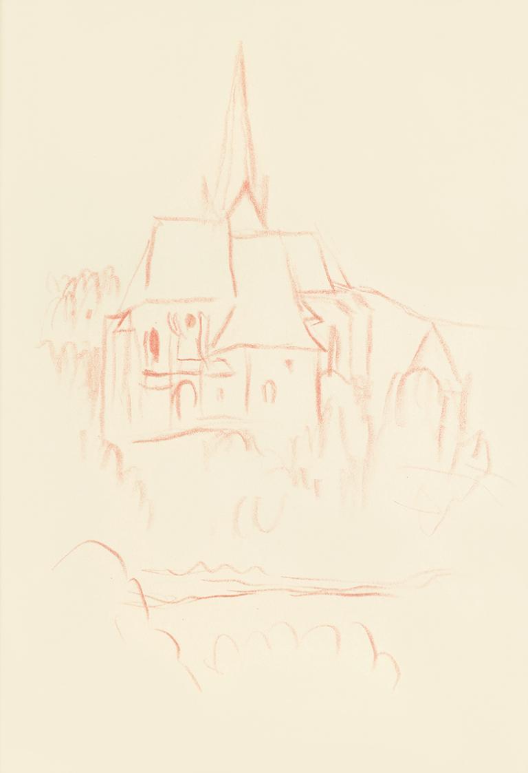 Alfred Wickenburg, Kirche in Landschaft, um 1945, Rote Kreide auf Transparentpapier, Blattmaße: ...