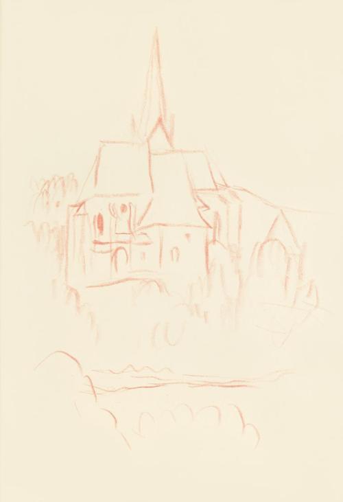 Alfred Wickenburg, Kirche in Landschaft, um 1945, Rote Kreide auf Transparentpapier, Blattmaße: ...