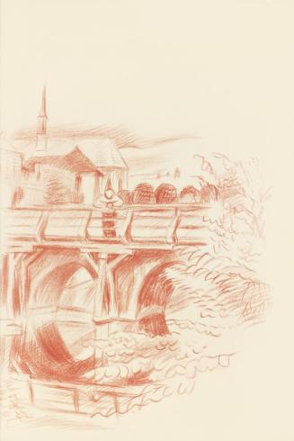 Alfred Wickenburg, Brücke vor einer Stadt, um 1945, Rötel auf Transparentpapier, Blattmaße: 29, ...