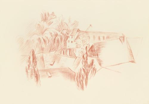 Alfred Wickenburg, Bäume zwischen Dächern, 1942, Rötel auf Papier, Blattmaße: 20,7 × 29,9 cm, L ...