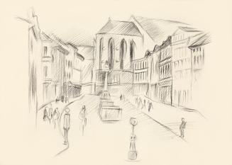 Alfred Wickenburg, Straße mit Fußgängern zu einer Kirche, 1944, Schwarze Kreide auf Papier, Bla ...