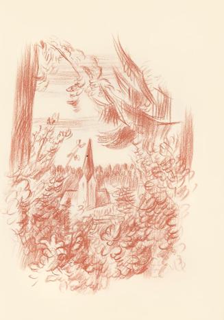 Alfred Wickenburg, Blick zwischen Bäumen hindurch auf eine Kirche, 1944, Rötel auf Papier, Blat ...