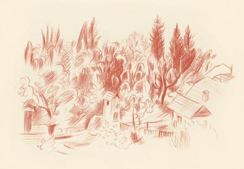 Alfred Wickenburg, Haus vor einem Wald, 1944, Rötel auf Papier, Blattmaße: 22,8 × 32 cm, Leihga ...