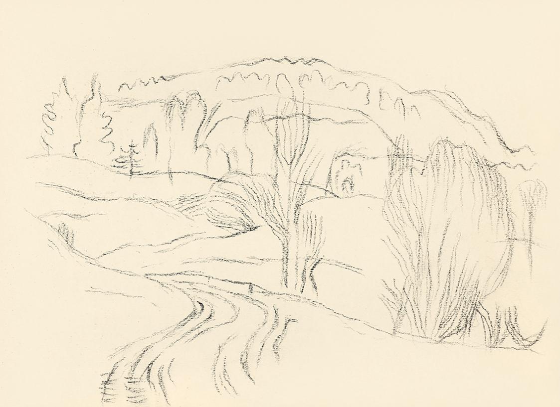 Alfred Wickenburg, Lanschaftsstudie, um 1950, Kohle auf Papier, Blattmaße: 21 × 29,1 cm, Leihga ...