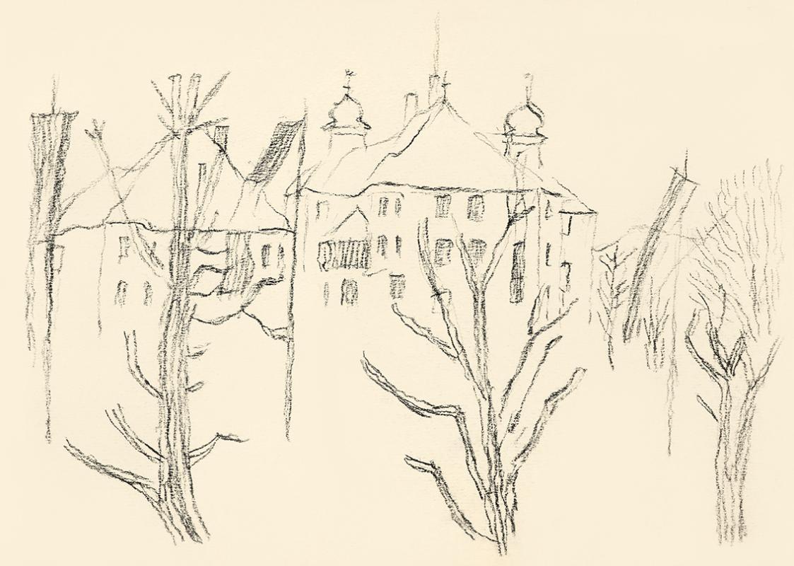 Alfred Wickenburg, Ansicht von Schloss Kaps in Kitzbühel, um 1950, Kohle auf Papier, Blattmaße: ...