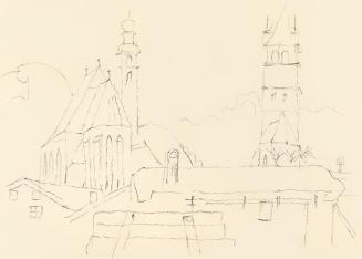 Alfred Wickenburg, Kirche, Turm und Dächer, um 1950, Kohle auf Papier, Blattmaße: 21 × 29,7 cm, ...