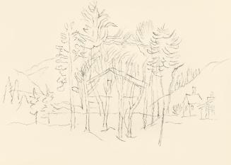 Alfred Wickenburg, Baumgruppe vor einer Berglandschaft, um 1950, Kohle auf Papier, Blattmaße: 2 ...