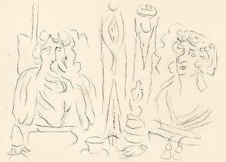 Alfred Wickenburg, Skizzen menschlicher Figuren und Gegenständen, um 1950, Kohle auf Papier, Bl ...