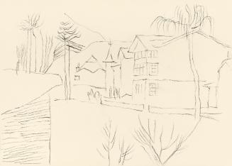 Alfred Wickenburg, Häuserreihe in einer Landschaft, um 1950, Kohle auf Papier, Blattmaße: 21 ×  ...