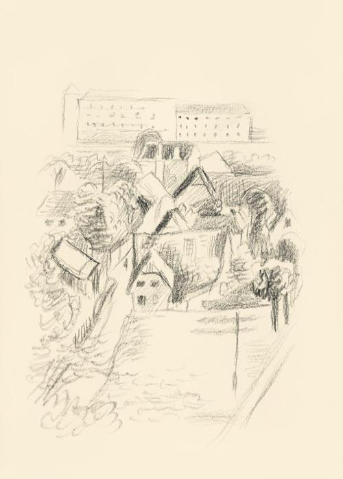 Alfred Wickenburg, Dorfansicht mit Schloss im Hintergrund, 1939/1944, Graphit auf Papier, Blatt ...