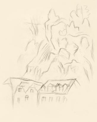 Alfred Wickenburg, Studie für das Wandbild "Rechts unter der Dachtraufe": Häuser vor einem Berg ...