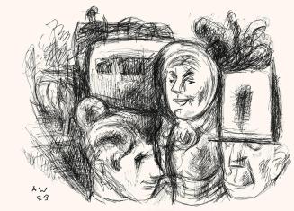 Alfred Wickenburg, Beim Autobus, 1973, Schwarzer Aquarellstift auf Papier, Blattmaße: 42 × 58 c ...