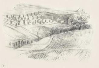 Alfred Wickenburg, Feldlandschaft mit Viadukt, 1947, Kohle auf Papier, Blattmaße: 32,2 × 45,2 c ...