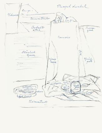 Alfred Wickenburg, Skizze mit Farbnotizen, um 1956, Kohle und Blauer Kugelschreiber auf Papier, ...