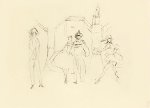 Alfred Wickenburg, Figurengruppe in Kostümen, um 1950, Schwarze Kreide auf Transparentpapier, B ...