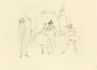 Alfred Wickenburg, Figurengruppe in Kostümen, um 1950, Schwarze Kreide auf Transparentpapier, B ...