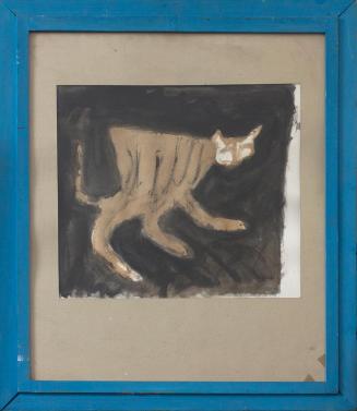 Kurt Hüpfner, Katze, 1988, Kaffee und Kreide mit Wasser auf Papier, 34 × 38 cm, Privatbesitz, W ...