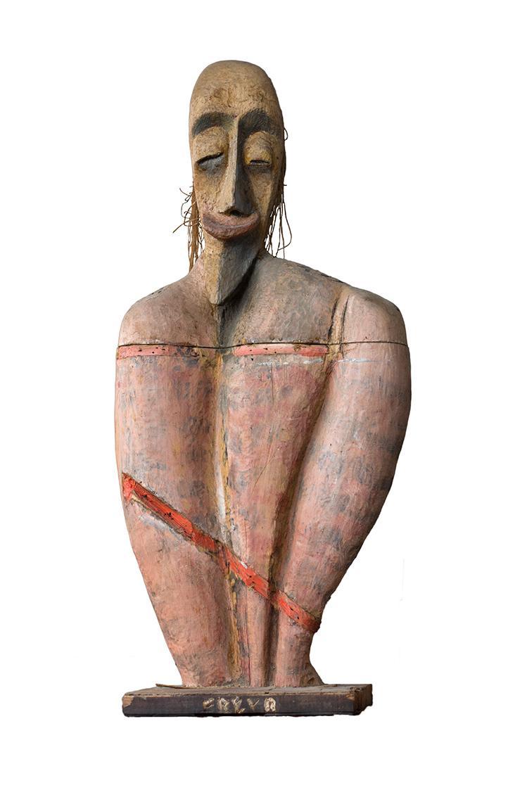 Kurt Hüpfner, Freya, um 1990, Holz, mit Ölfarbe bemalt, getränkt in Öl, Seegras, 68 × 30 × 16,5 ...