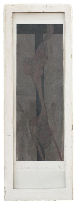 Kurt Hüpfner, Kreuzabnahme, um 1962, Kohle, Farbstift und Schellack auf Papier, 66 × 23 cm, Pri ...