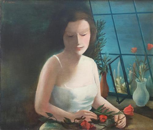 Otto Rudolf Schatz, Frau im Atelier mit Ausblick auf New York, 1936, Öl auf Leinwand, 56 × 65,5 ...