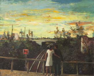 Otto Rudolf Schatz, Liebespaar auf der Brücke  im Abendrot, um 1948, Öl auf Holz, 44 × 54,3 cm, ...