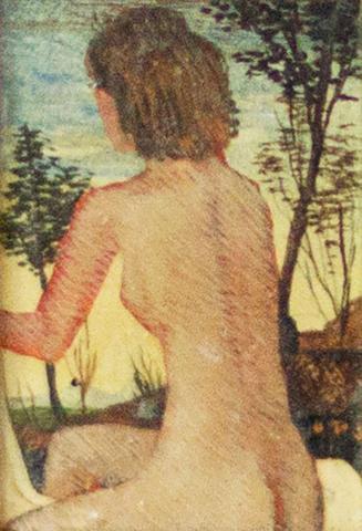 Otto Rudolf Schatz, Badende, um 1941, Kaseintempera, Japanlack auf Holz, 4 × 3 cm, Privatbesitz