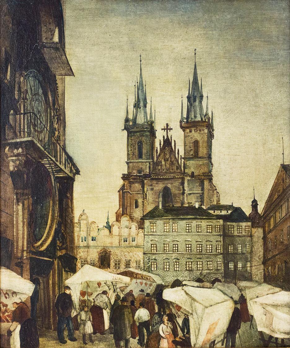 Otto Rudolf Schatz, Markt in Prag mit Teynkriche im Hintergrund, 1941, Öl, Kasein, Japanlack au ...