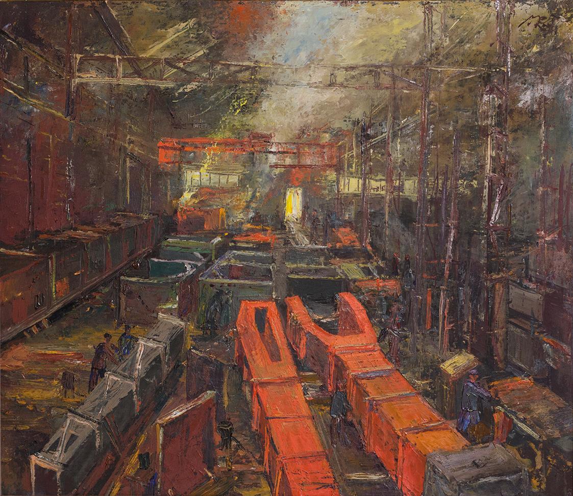 Otto Rudolf Schatz, Industriehalle, 1928, Öl auf Holz, 51,8 × 60,5 cm, Privatbesitz