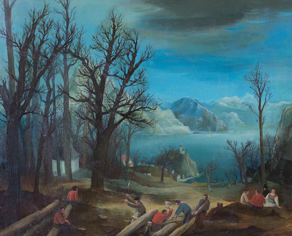 Otto Rudolf Schatz, Holzfäller am Traunsee, um 1936, Öl auf Leinwand, 50,7 × 60,5 cm, Privatbes ...