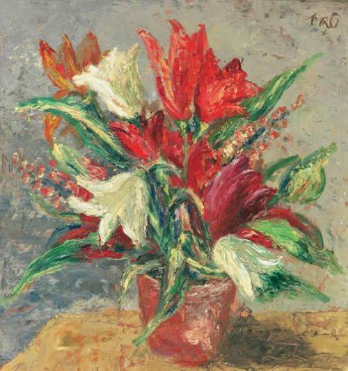 Otto Rudolf Schatz, Vase mit Tulpen, um 1949, Öl auf Leinwand, 64,5 × 80 cm, Privatbesitz