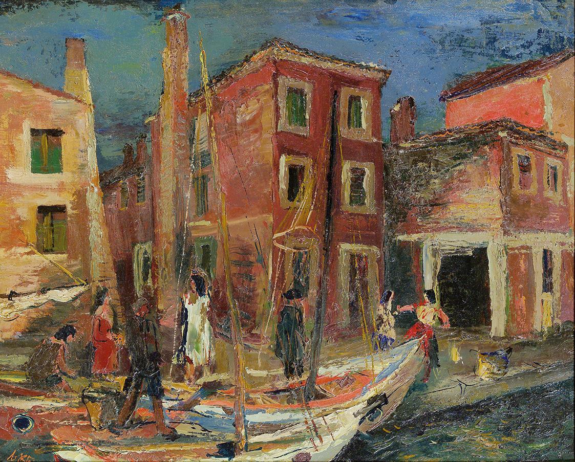 Otto Rudolf Schatz, Kanal in Venedig mit Booten, 1950, Öl auf Platte, 42 × 53 cm, Privatbesitz