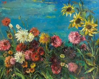 Otto Rudolf Schatz, Dahlien und Sonnenblumen, um 1955, Öl auf Spanplatte, 67 × 88 cm, Privatbes ...