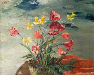 Otto Rudolf Schatz, Korb mit Tulpen und Narzissen, um 1947, Öl auf Leinwand, 65 × 80 cm, Privat ...