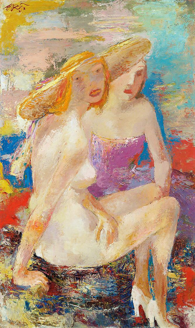 Otto Rudolf Schatz, Zwei Damen mit Hüten, um 1959, Öl auf Platte, 125 × 75 cm, Privatbesitz