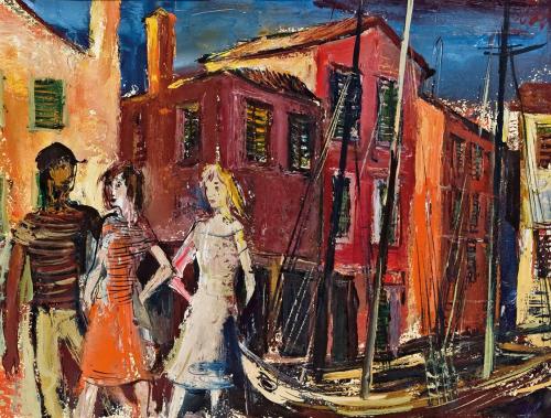 Otto Rudolf Schatz, Begegnung am Hafen, um 1950, Öl auf Holz, 42 × 53 cm, Privatbesitz