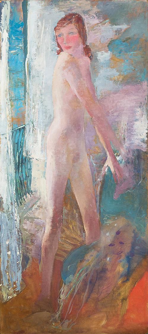Otto Rudolf Schatz, Weiblicher Akt vor dem Balkon mit Ausblick aufs Meer, um 1951, Öl auf Leinw ...