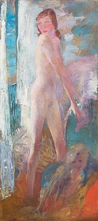 Otto Rudolf Schatz, Weiblicher Akt vor dem Balkon mit Ausblick aufs Meer, um 1951, Öl auf Leinw ...