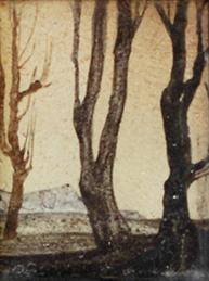 Otto Rudolf Schatz, Drei kahle Bäume, um 1937, Kaseintempera, Japanlack auf Holz, 2,5 × 1,8 cm, ...